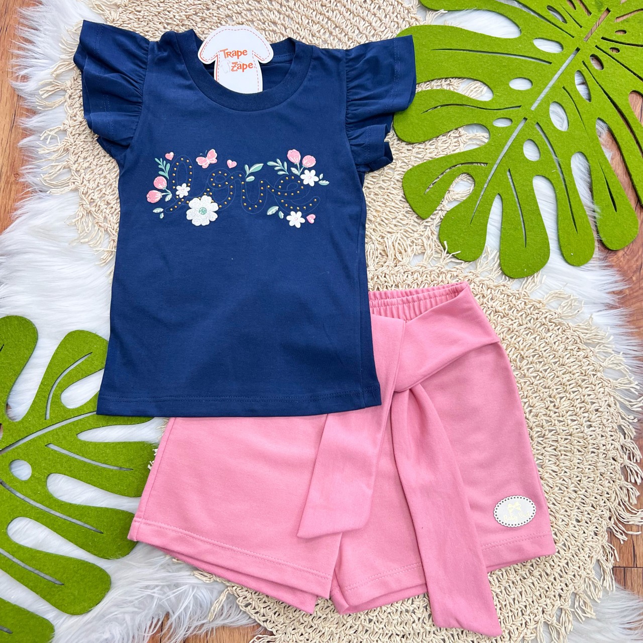 Conj. Blusa Love Floral e Short - Marinho